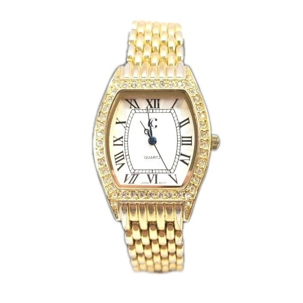 Womens Goldtone Rhinestone Bezel Roman Numeral Quartz Watxh New Battery